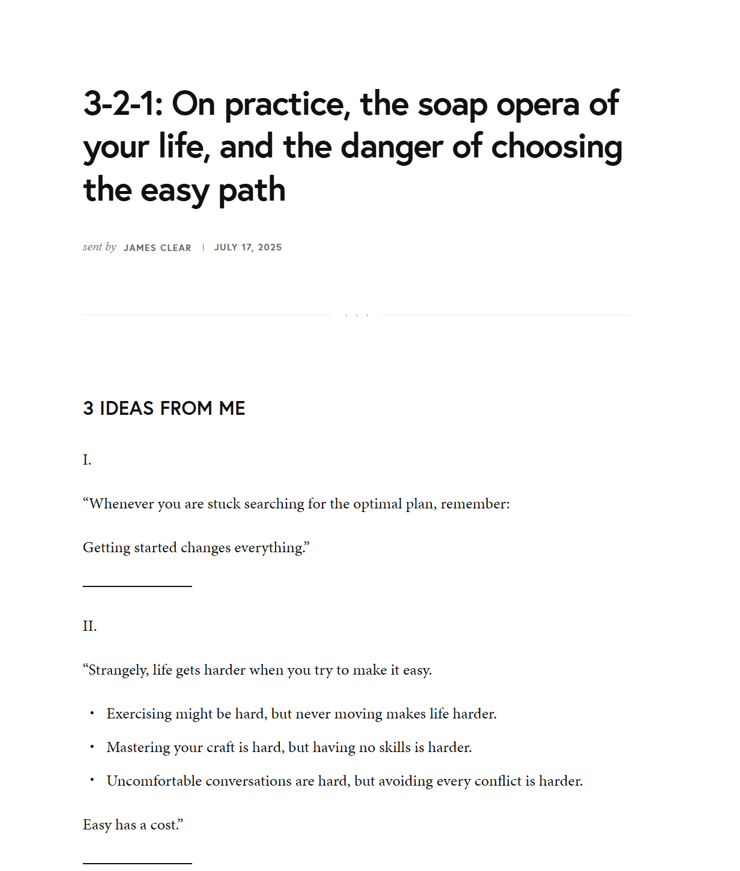 James Clear's 3-2-1 newsletter, an example of the hybrid style