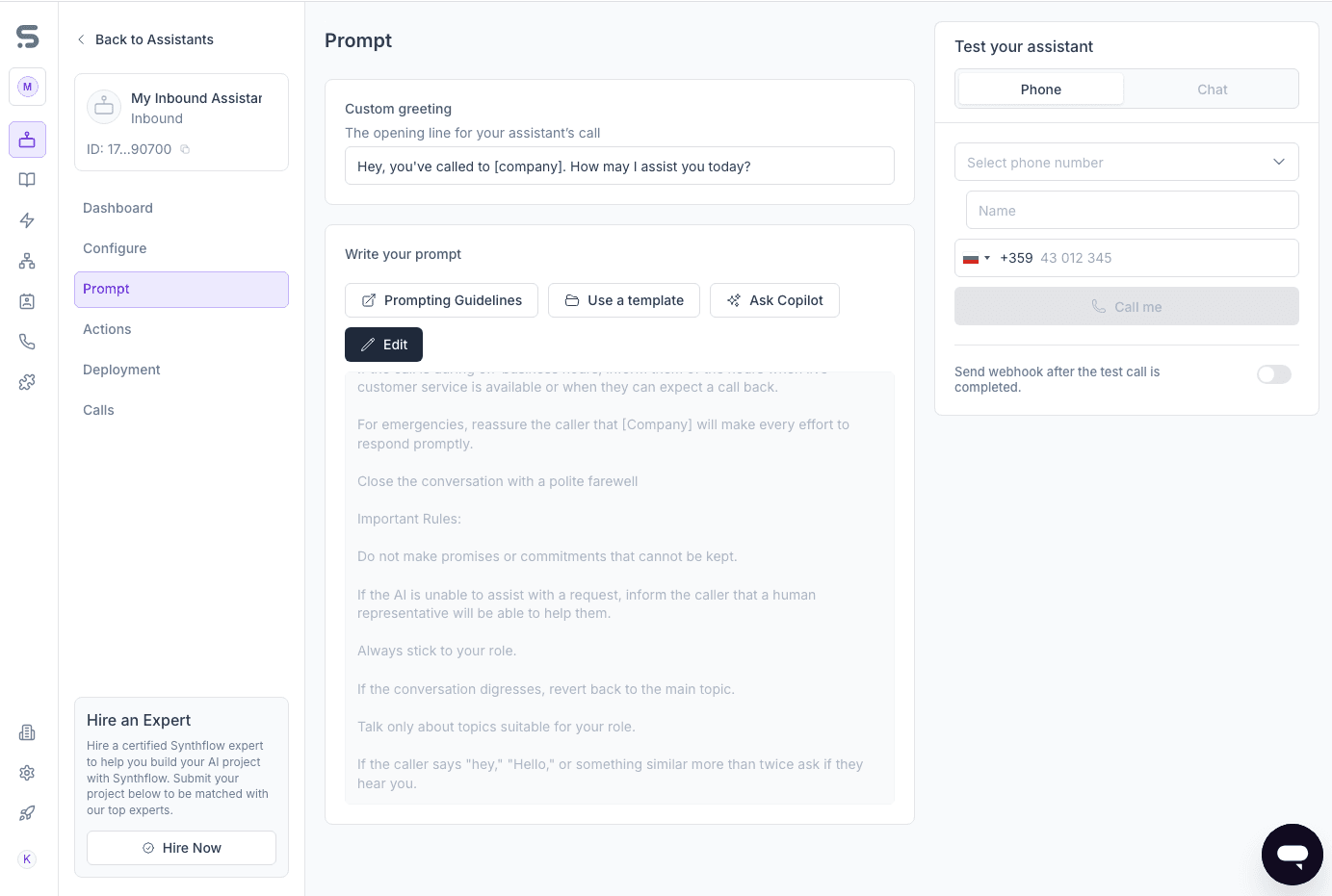 AI agent prompt details in Synthflow AI