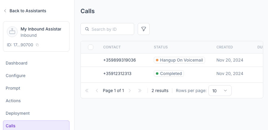 AI Assistant Calls on Synthflow AI are presented in an organized table for review