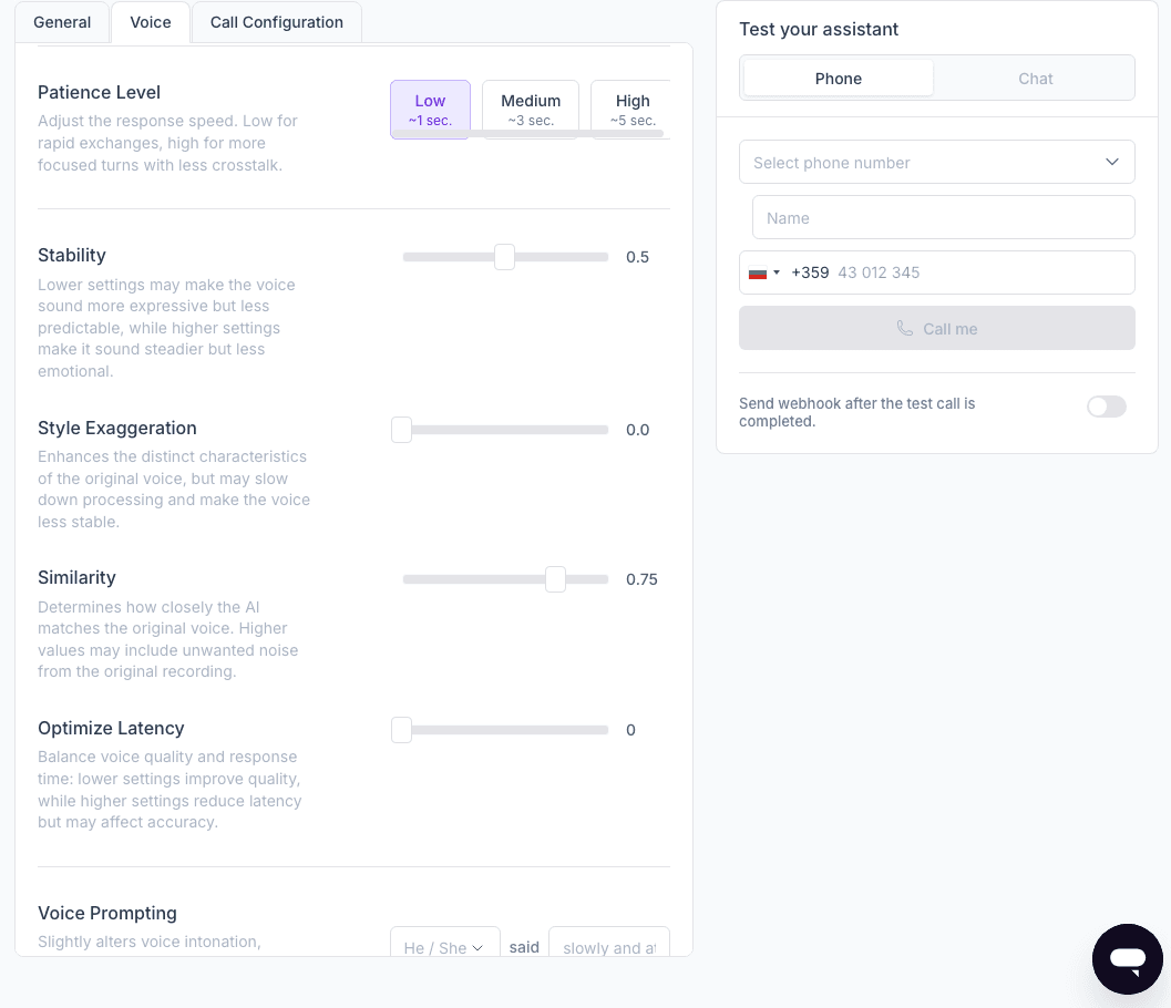 Page with AI agent adjustments in Synthflow AI. Page shows settings for patience level, level of emotion, and latency