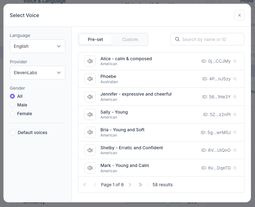 AI agent voice presets showing different genders and accents