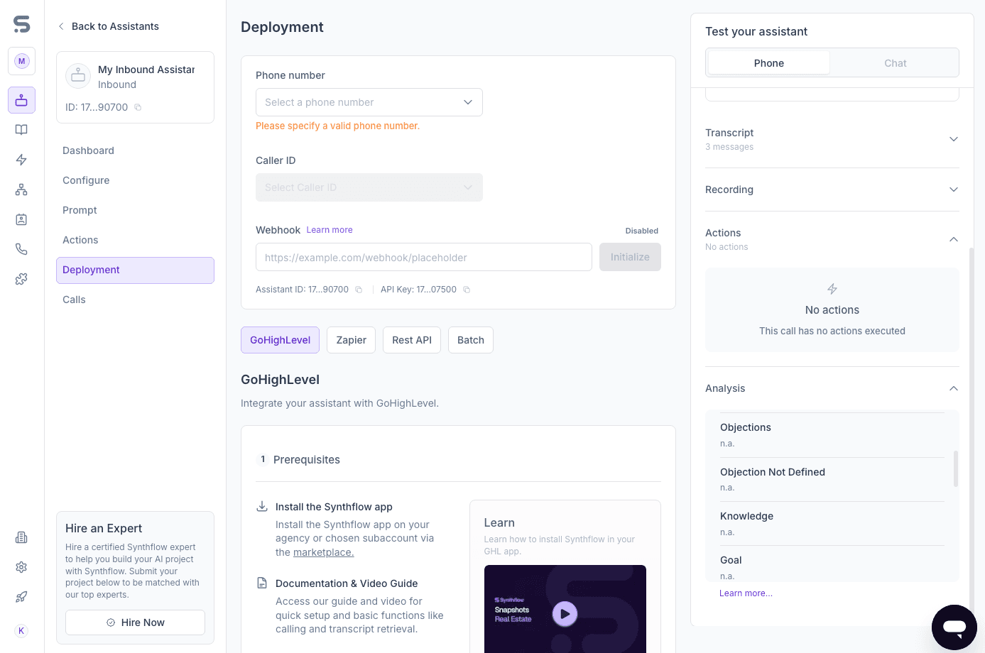 Tools for automating deployment in Synthflow AI show options for connecting to GoHighLevel, Zapier, Rest API