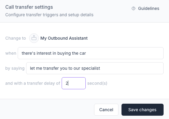 Call Transfer Settings Synthflow Screenshot