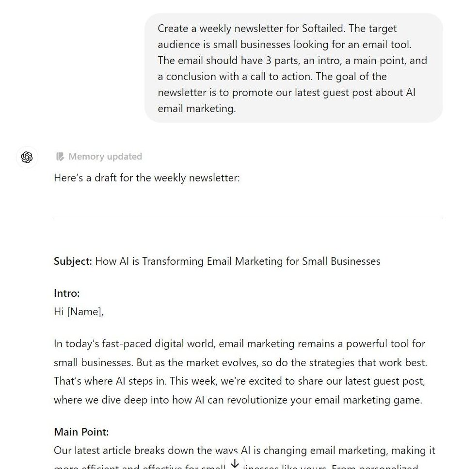 Chat GPT Email Prompt For Newsletter