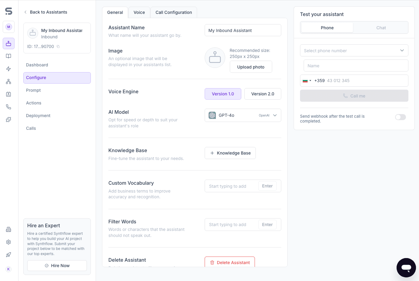 Page for configuring an AI agent using Synthflow AI