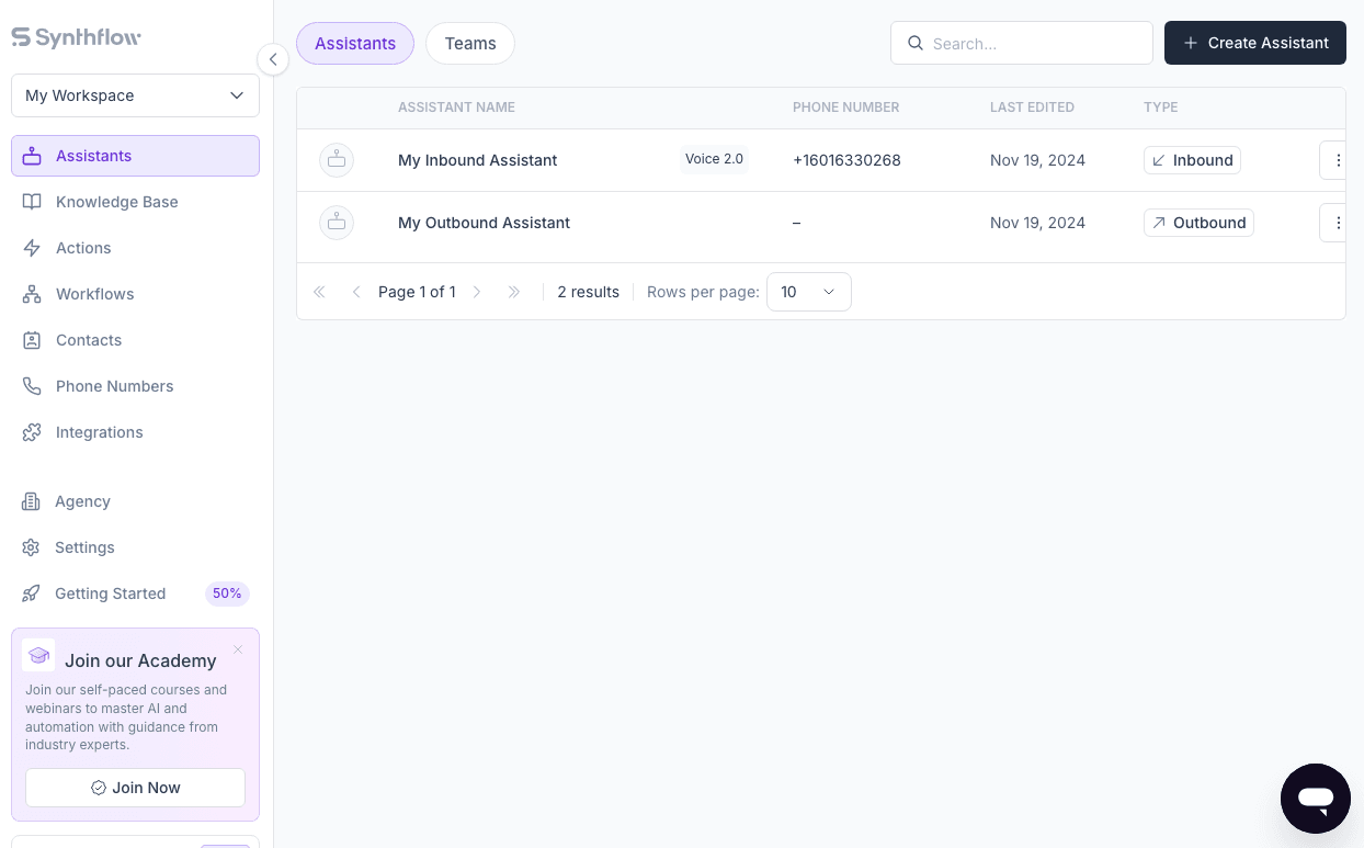 Page and options for building an AI assistant in Synthflow AI