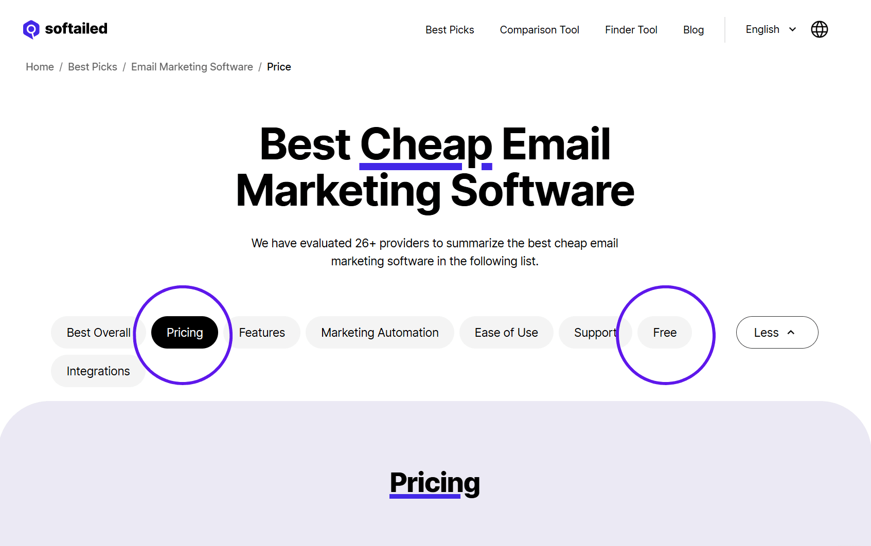 Screenshot of Softailed's Best Picks tool for finding the best email marketing software