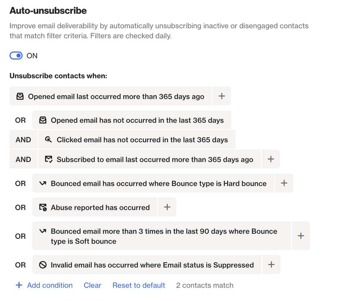 Image Showing Auto Unsubcribe Rules in Ortto Email Marketing Software