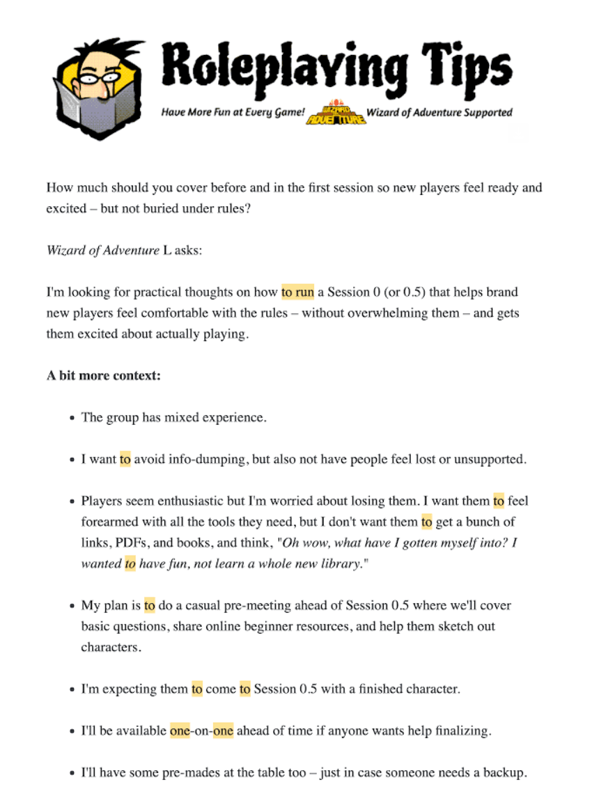 Johnn Four Roleplaying Tips newsletter, an example of an educational style newsletter