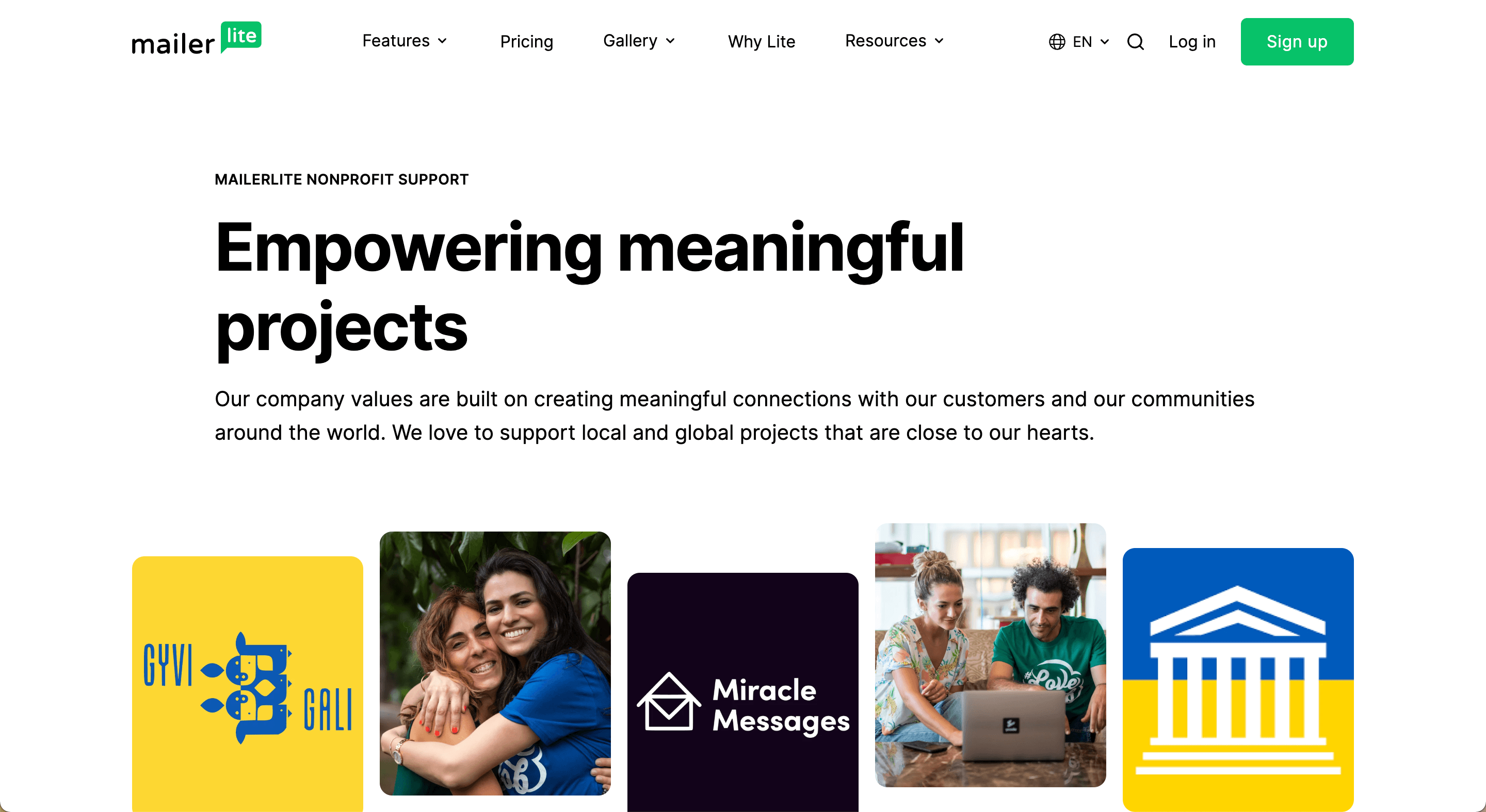 MailerLite Nonprofit Page Screenshot