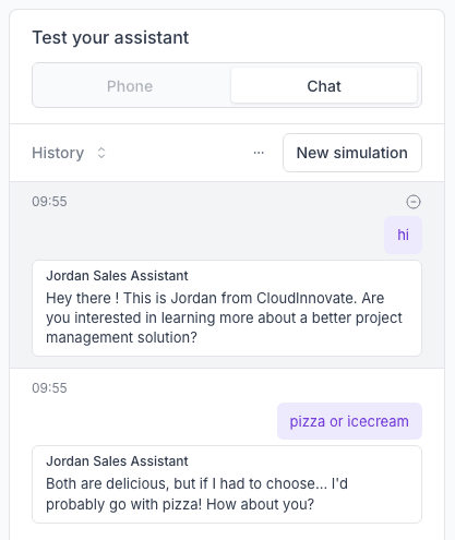 Screenshot shows how a Synthflow AI assistant handles off topic conversations