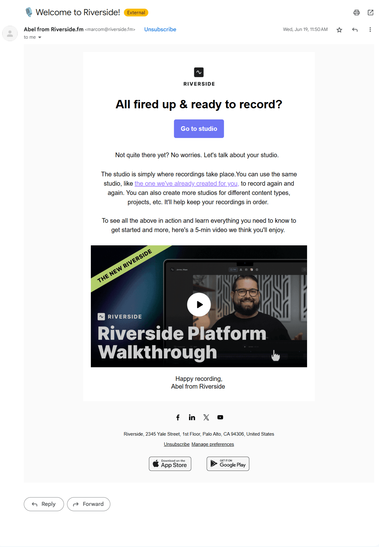 Screenshot of Riverside Welcome email - first one in the sequence