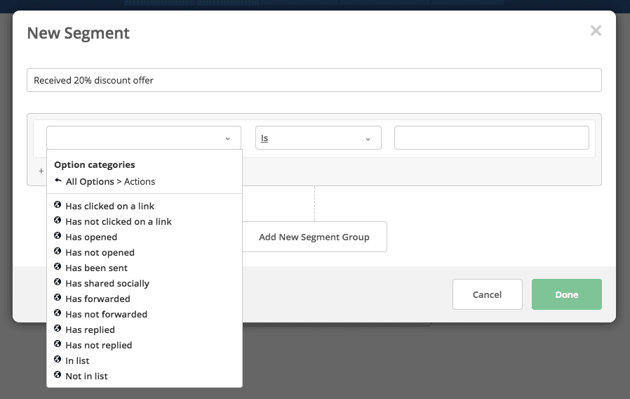 Screenshot of Segmentation Setup in ActiveCampaign