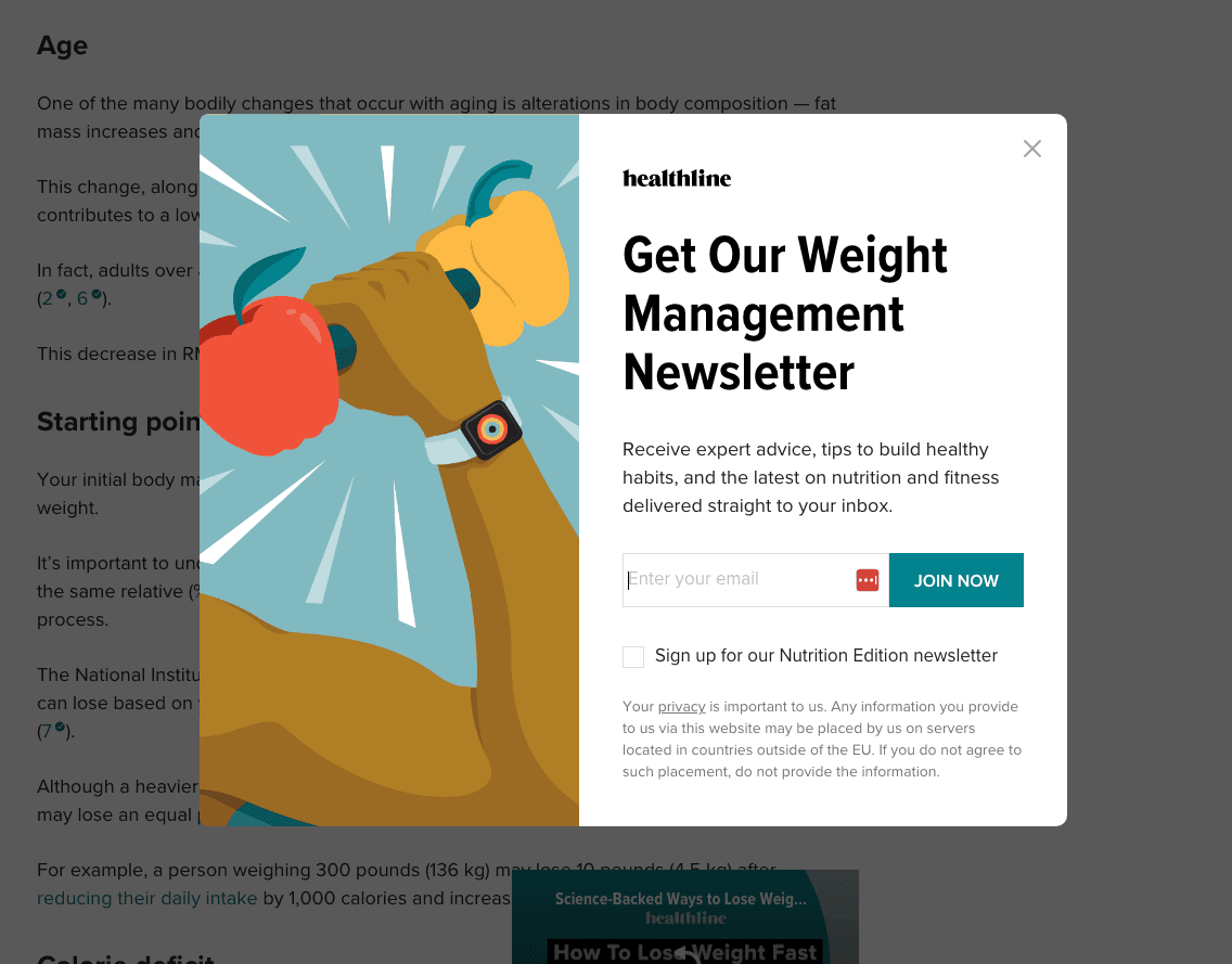 Screenshot of Lead Capture Popup on Healthline