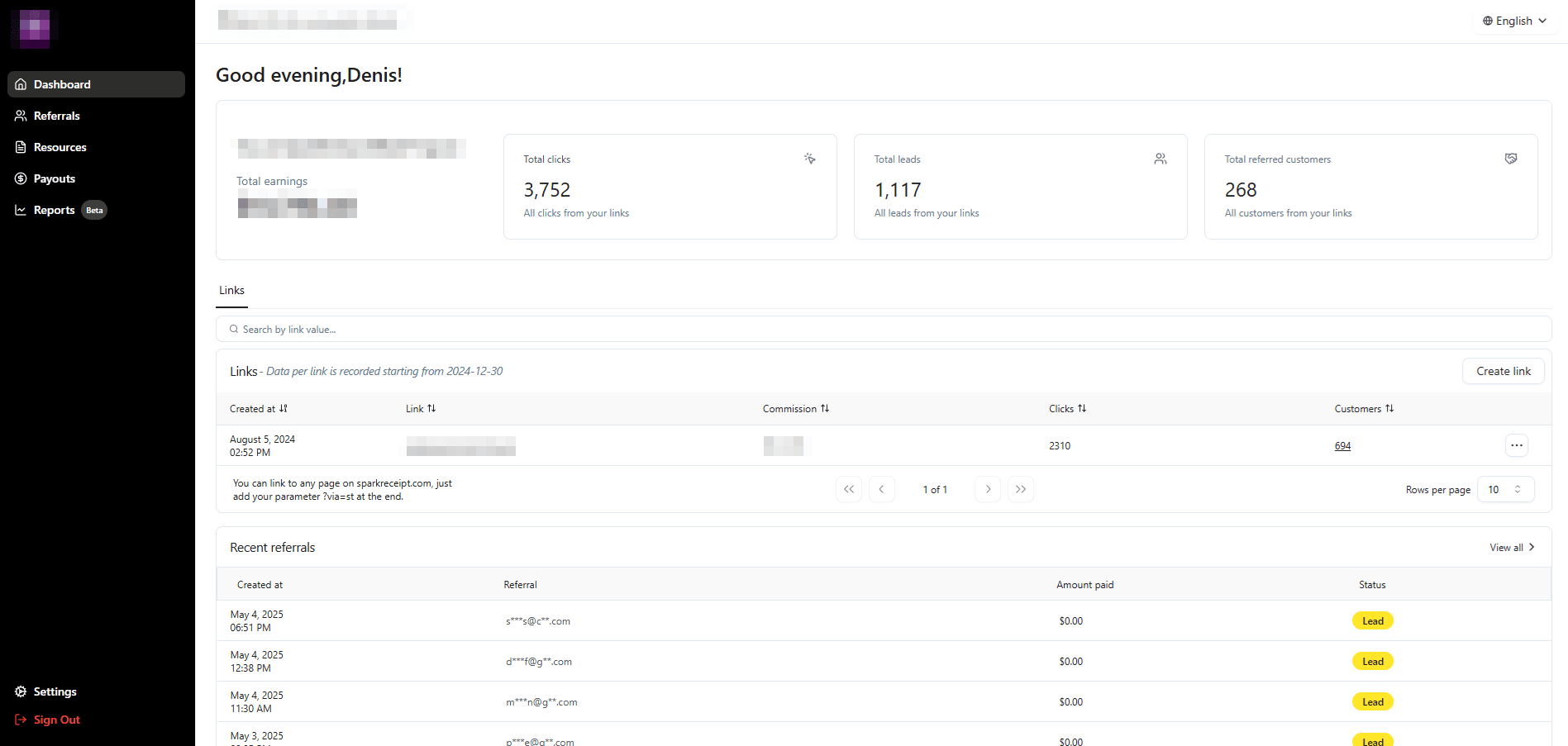 Tolt Affiliate Dashboard