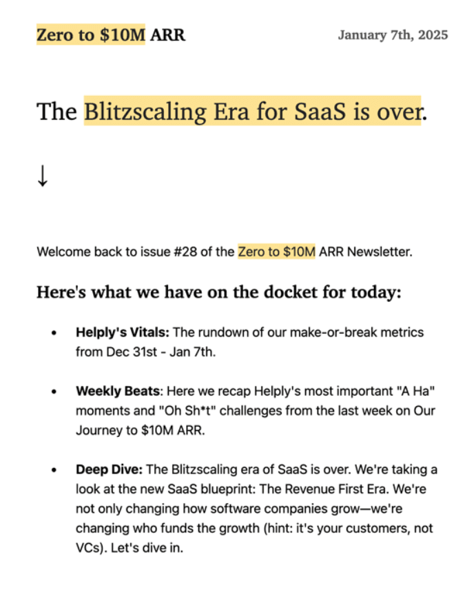 Zero to 10m ARR newsletter, an example of a thought leadership newsletter