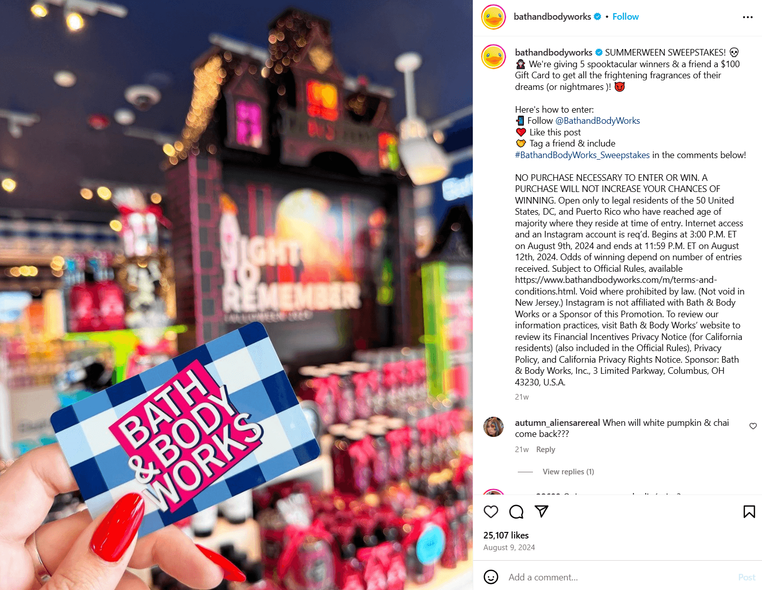 Instagram post featuring Bath & Body Works "Summerween" giveaway