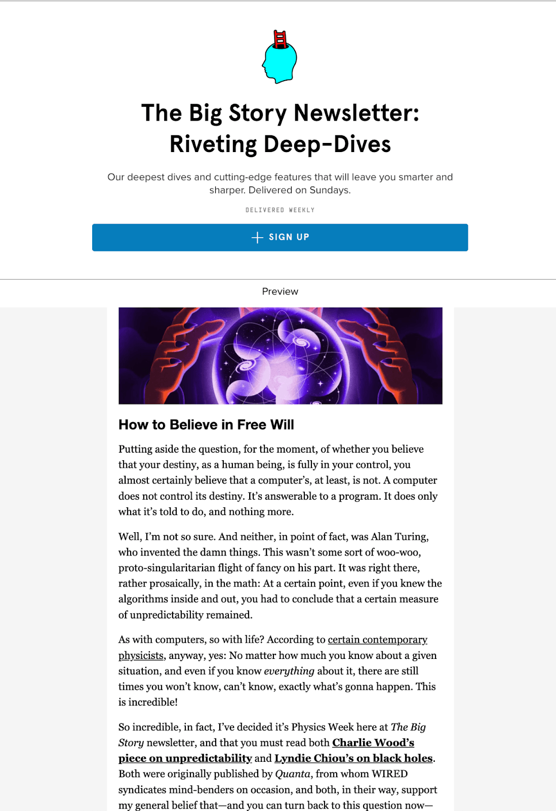 Wired's The Big Story newsletter, an example of a weekly deep dive style newsletter