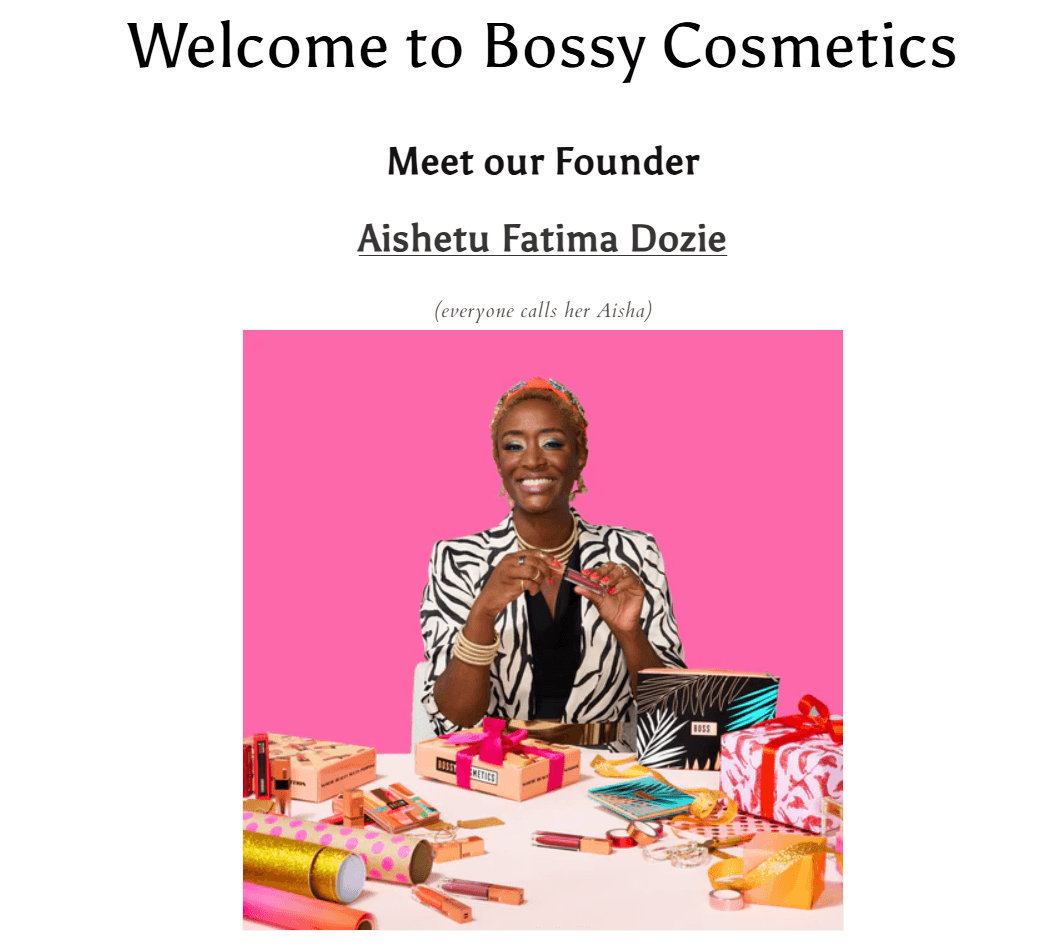 About page for Bossy Cosmetics shows founder, humanizing the brand