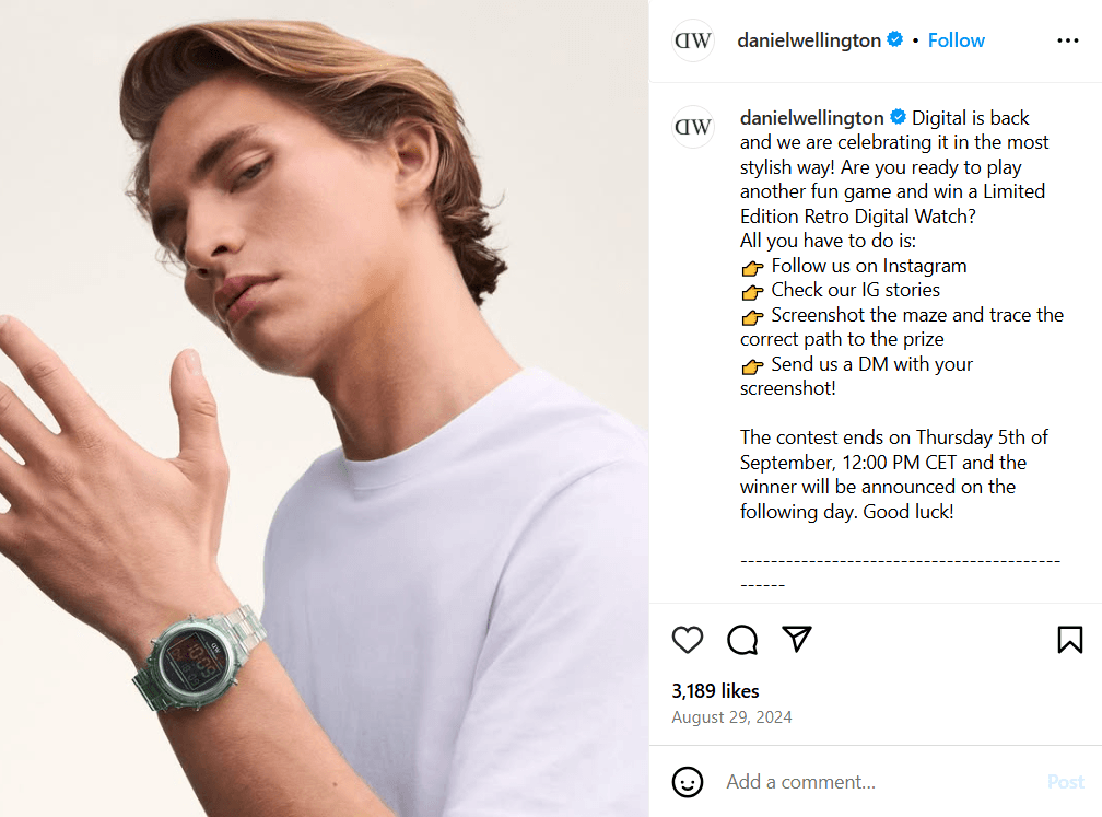 Instagram post showing Daniel Wellington watch giveaway
