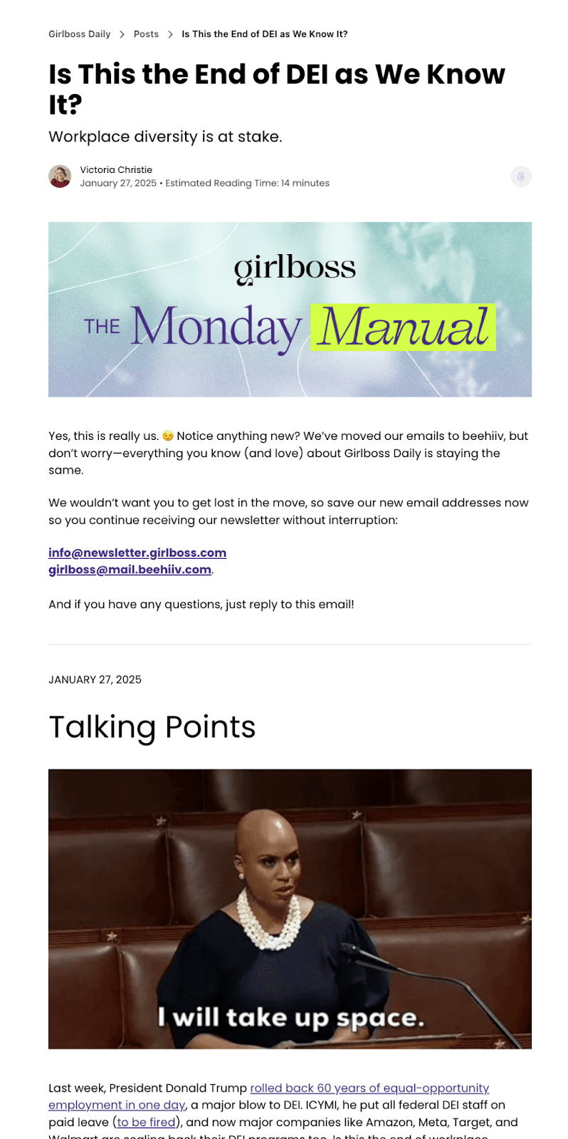 Girlboss Daily newsletter, an example of editorial style