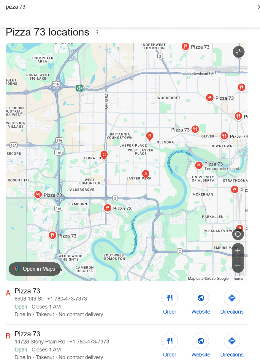 Google Business Profile Direct Search for a Pizza Restaurant by name