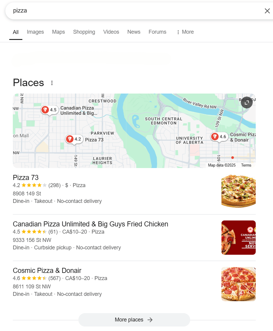 Google Business Profile Map Search for Pizza Shows a number of local businesses