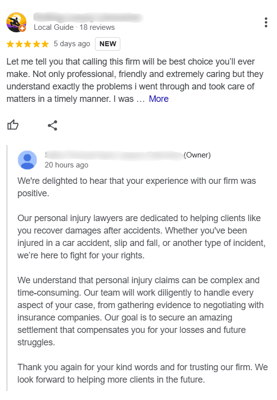 Google Business Profile Review showing a detailed response from the business owner