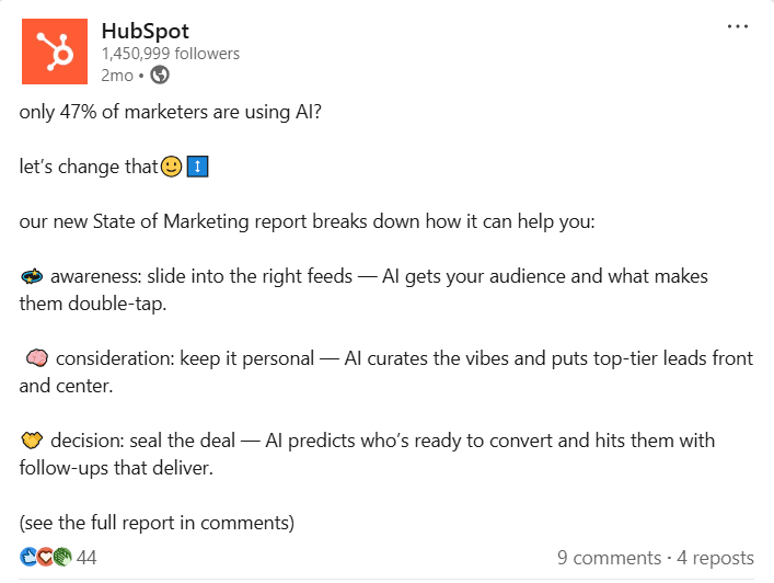 HubSpot Linkedin givewaway shows a post for an educational download