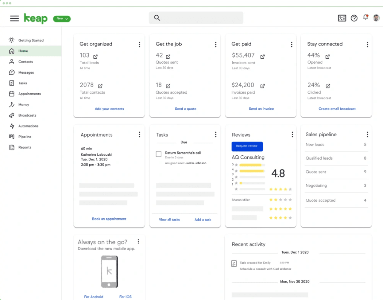 Keap CRM Dashboard screenshot