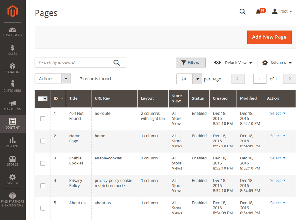 Magento Dashboard