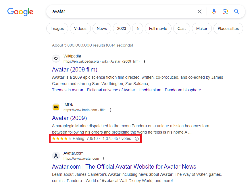 Schema markup review markup (stars) appearing in search results