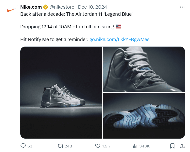 Nike sneaker drop post from Twitter