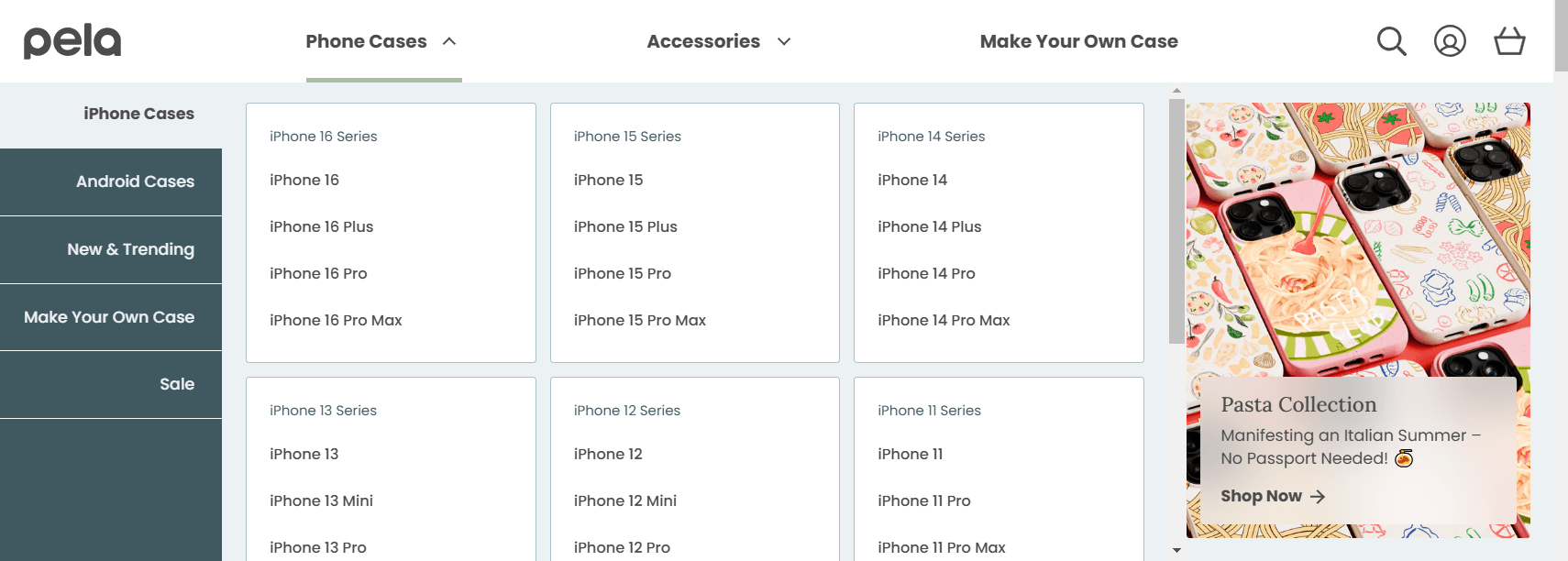 The Pela Cases website shows detailed navigation to ensure people can find what they want quickly