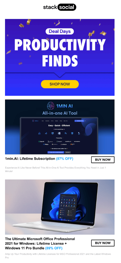 Stack Social newsletter, an example of a daily deals newsletter format
