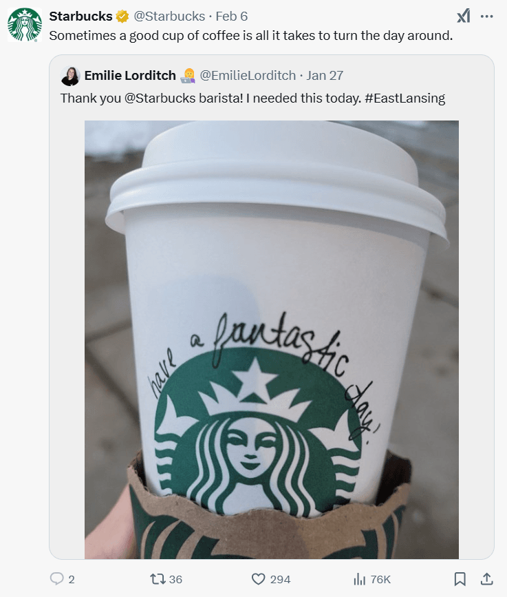 Example of Starbucks sharing a customer's story about a visit to one of their locations