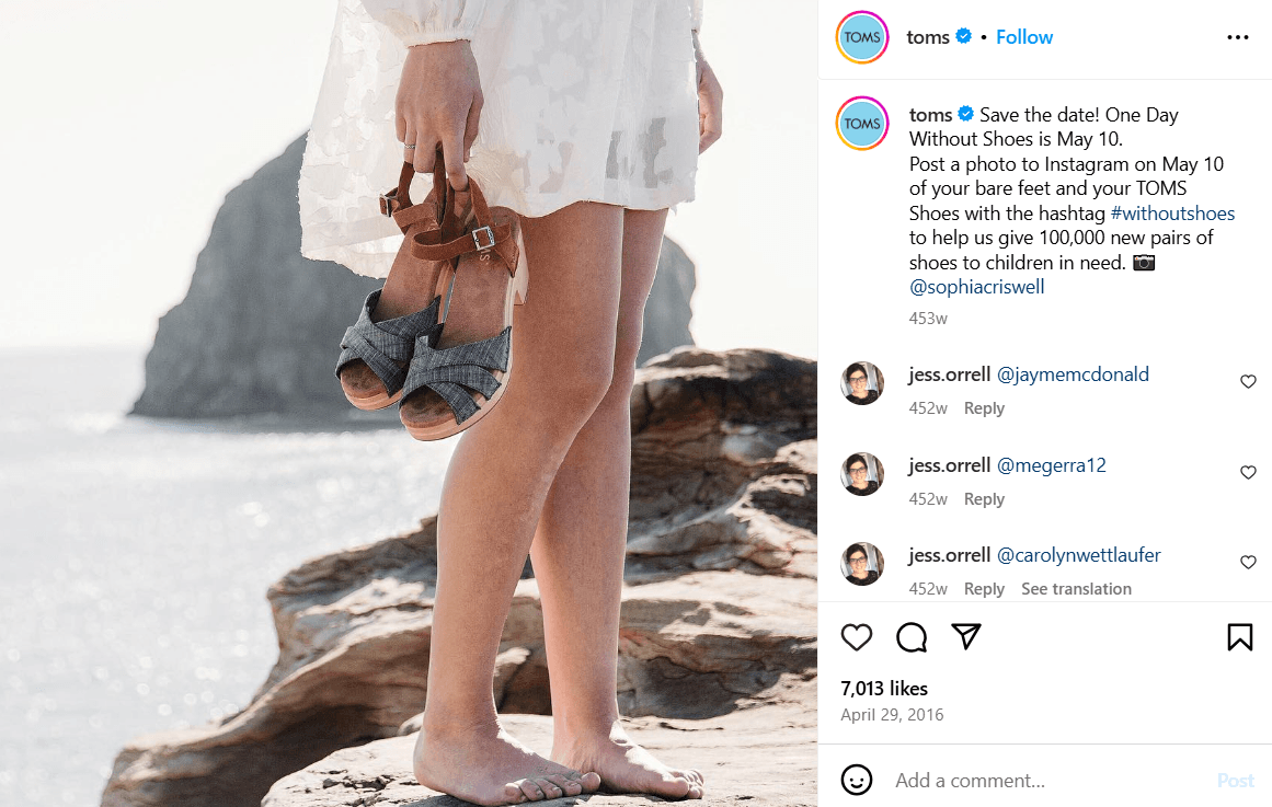 Instagram post of Tom's Shoes Without Shoes social media campaign