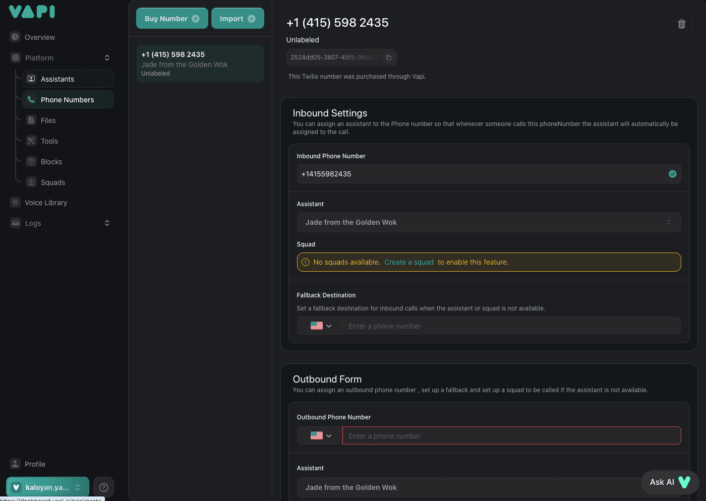 Vapi phone numbers screen shows inbound and outbound settings and numbers
