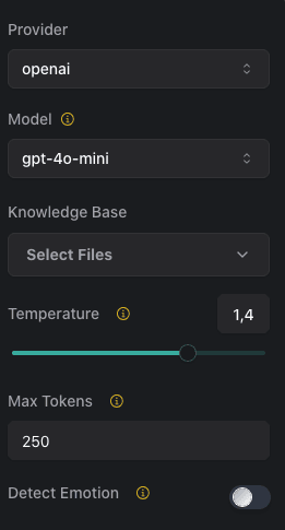 Vapi Advanced Configuration includes configuring Knowledge Base, Temperature, Max Tokens, and Detect Emotion 