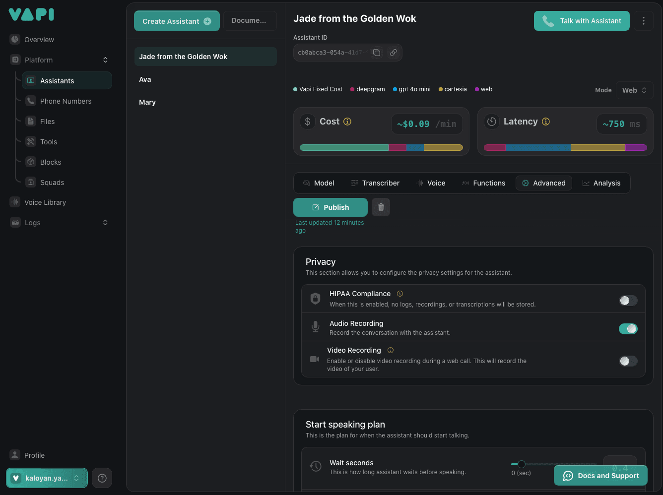 Vapi AI advanced settings show options to set privacy, fine tune conversation and messages assistant can send