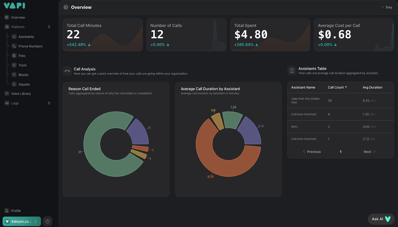 Vapi AI Dashboard shows call minutes, number of calls, pricing, and other statistics