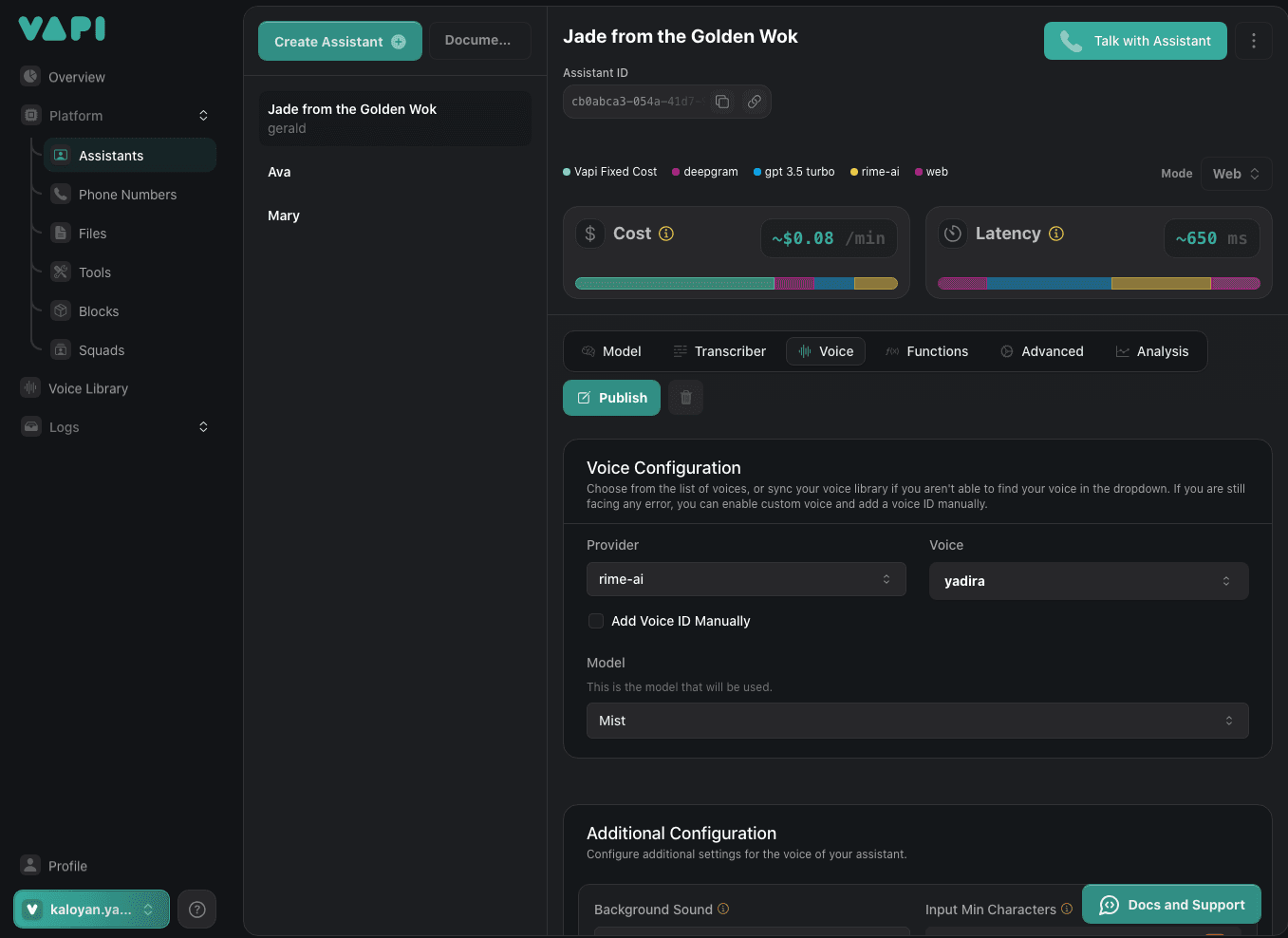 Vapi AI assistant voice configuration screen shows options for selecting the provider and voice