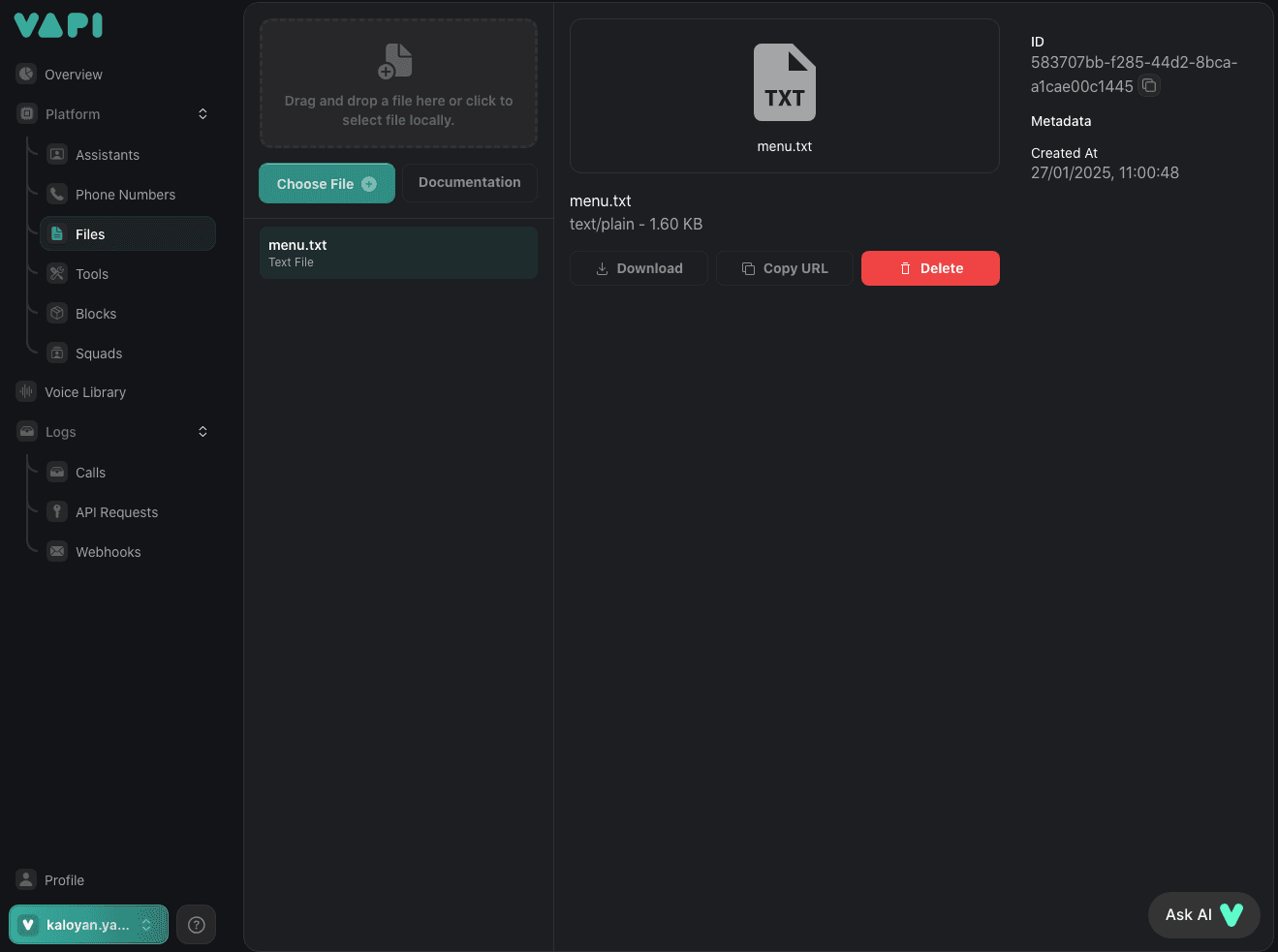 Vapi Files screen lets you upload data to the knowledge base, such as a menu for our Chinese restaurant