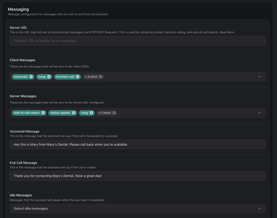 Vapi messages settings screen shows settings for sending voicemail, end call messages and what to say if the call is idel
