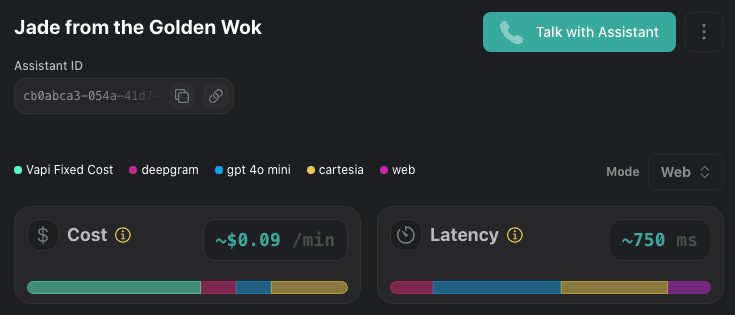 Vapi pricing page displays fixed cost and cost for the models and latency selected