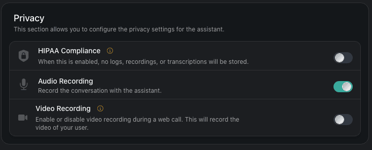 Vapi privacy settings panel shows option to enable HIPAA compliance, enable or disable audio and video recording
