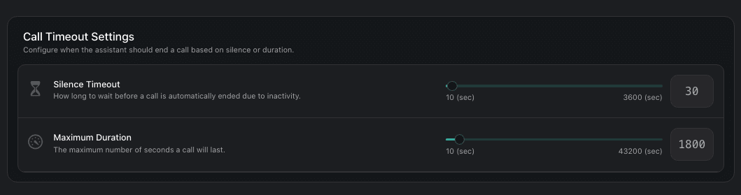 Vapi call timeout settings options show settings for silence timeout and maximum call duration