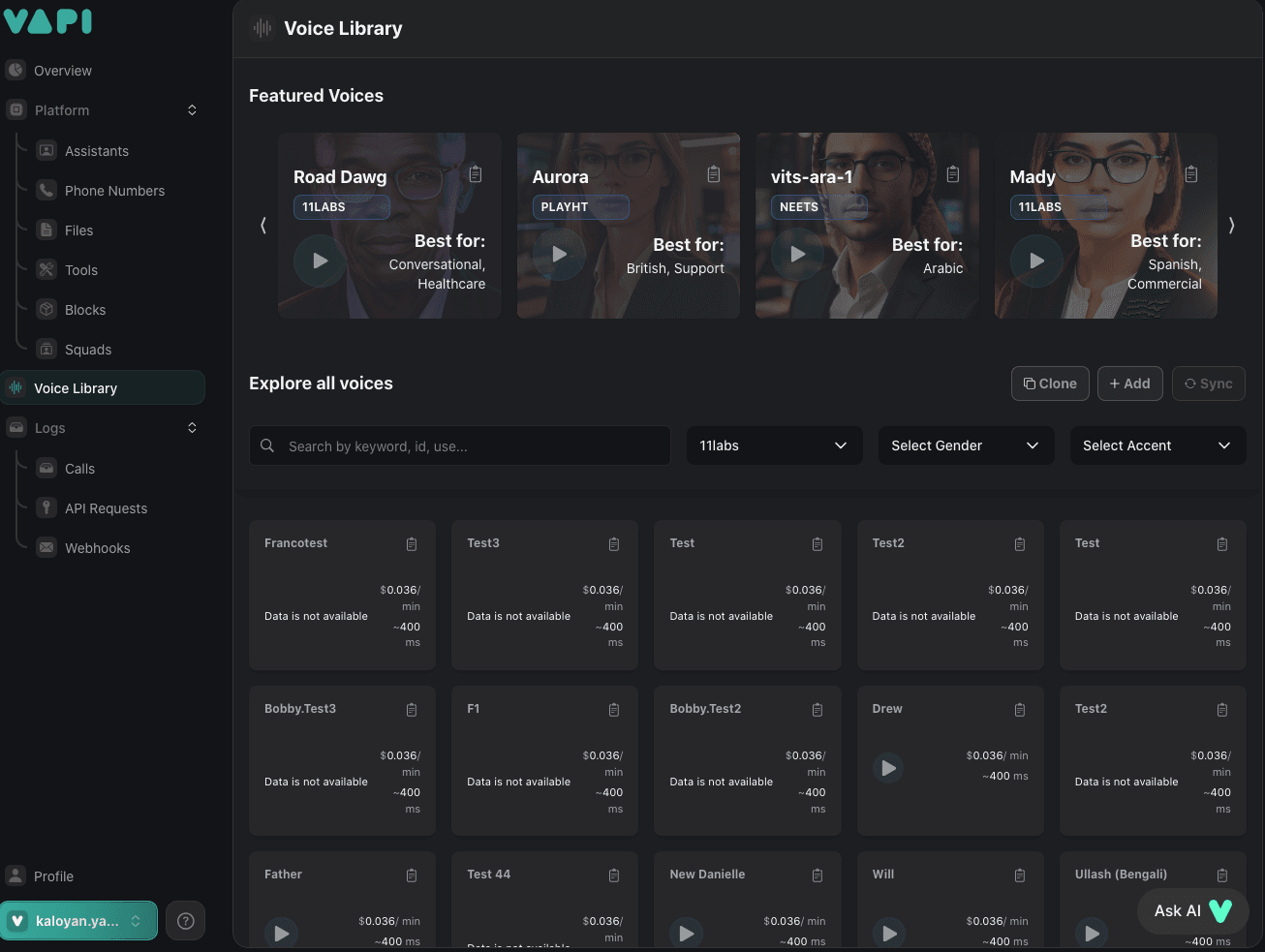 Vapi Voice Library  shows a range of voices, languages, and accents