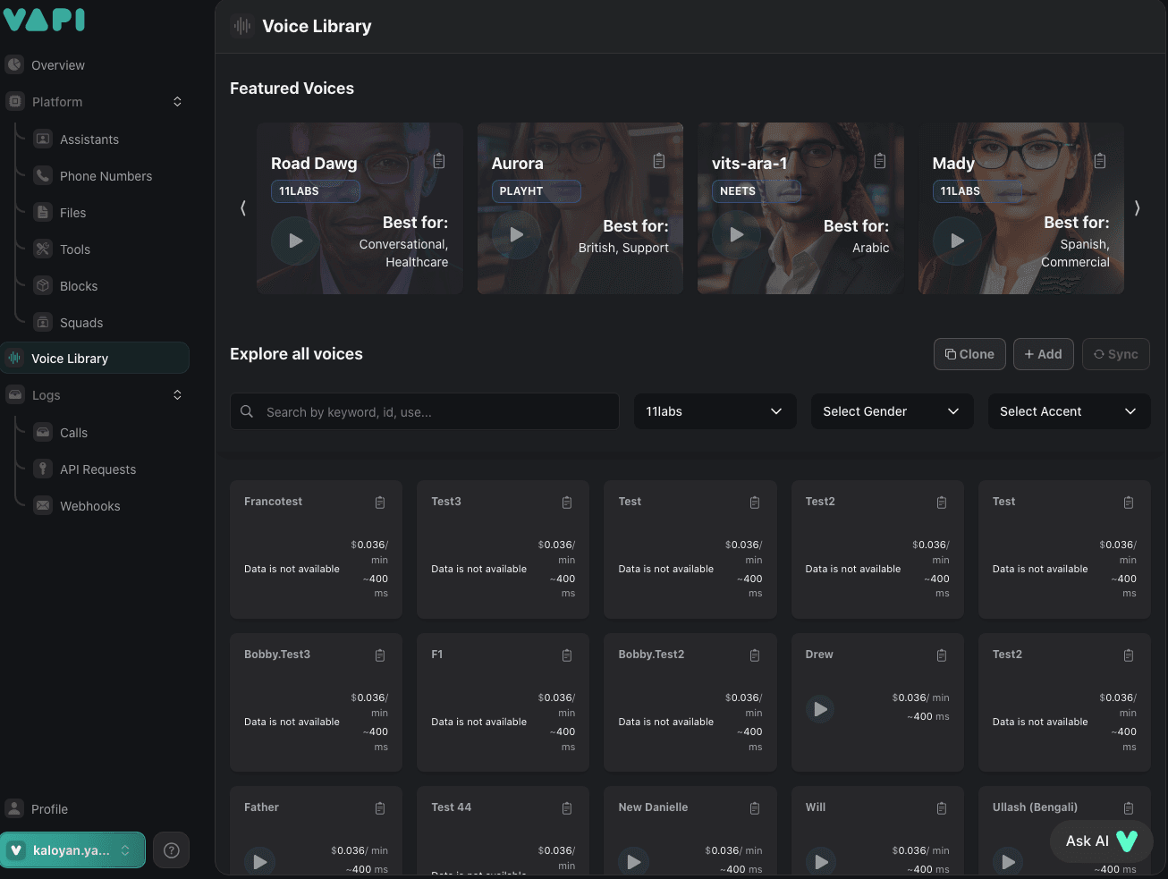 Vapi Voice Library shows a range of voices, languages, and accents