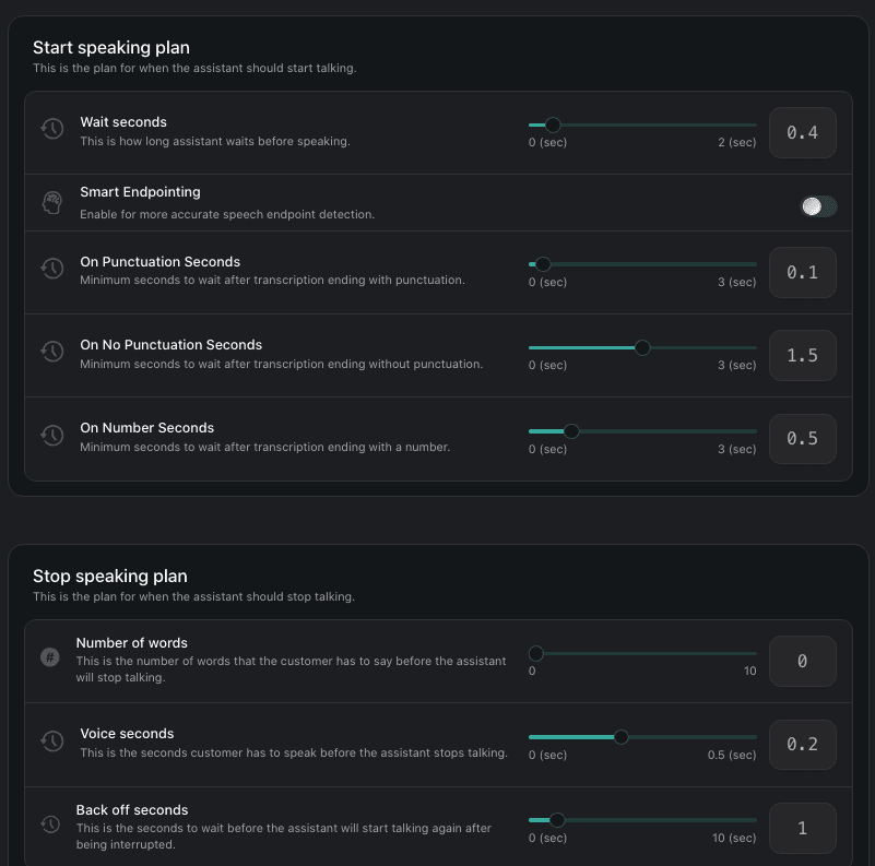 Vapi voice speaking instructions screen shows settings for how and when the assistant should start and stop speaking